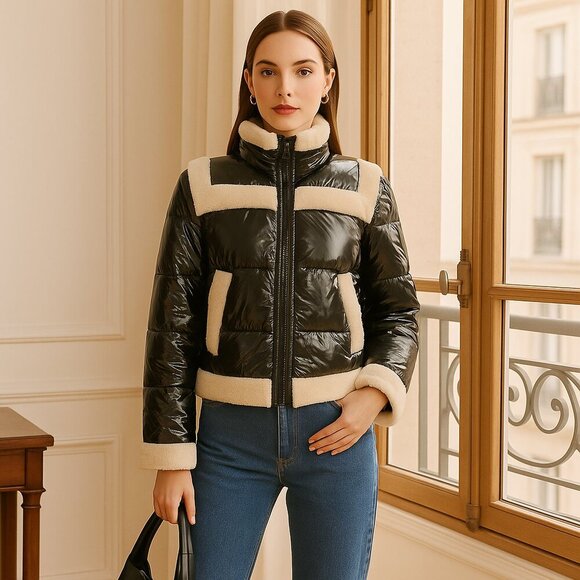 J. Society Sherpa Trim Bomber Jacket NWT Quilted Puffer Black Cream - Picture 12 of 13